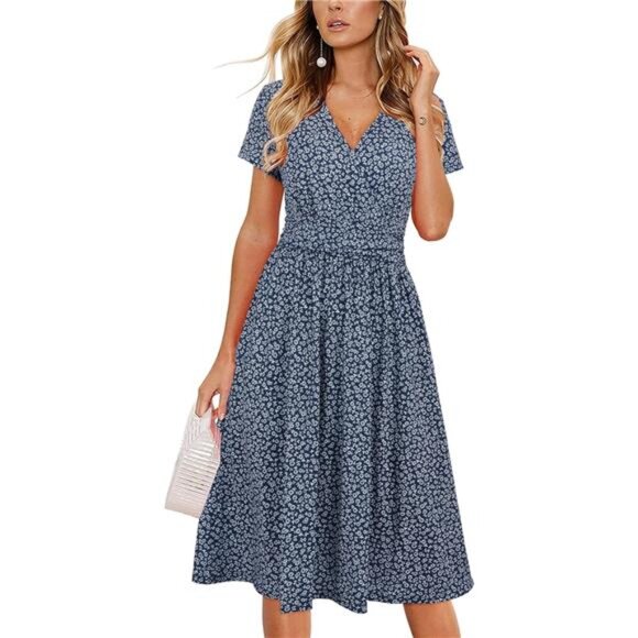 Dresses & Skirts - Women's Summer Short Sleeve V-Neck Floral Short Party Dress with Pockets